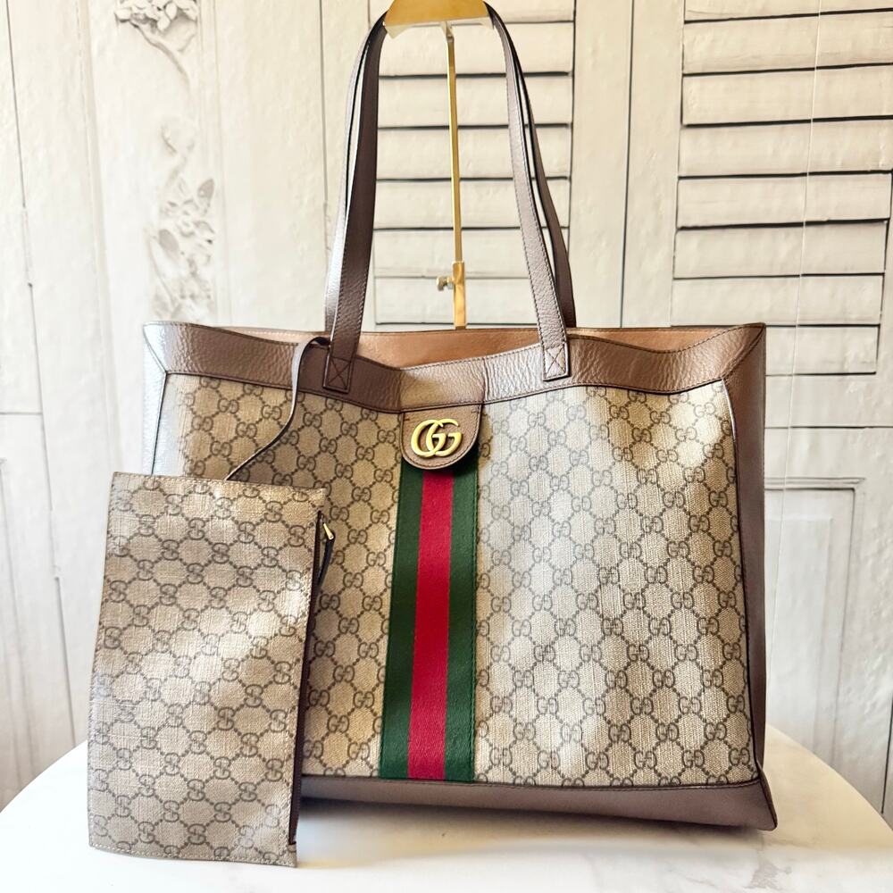 GUCCI GG Supreme Monogram Web Ophidia Tote Brown
